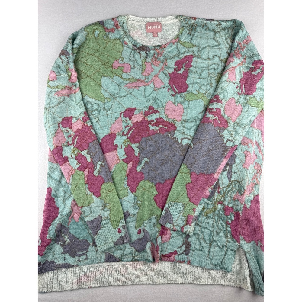 Show Me Your Mumu Bonfire Sweater World Tour Knit Map Print Mint Pink Small